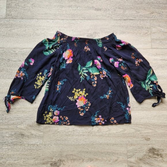 Love Stitch Navy Floral Top Womens Small Tie Sleeves Pink Green Cottagecore - Picture 6 of 8